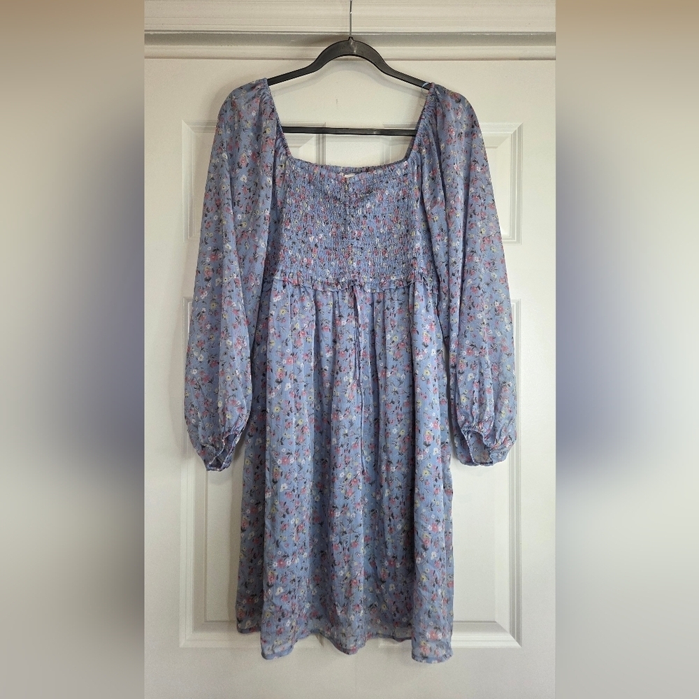 143 Story by Line Up Blue Floral Dress with Smocked Bodice - Size 1x